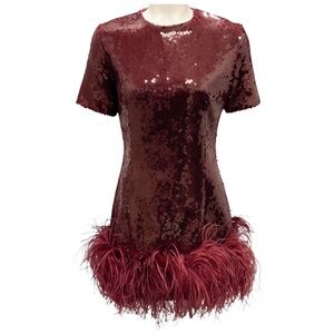 16ARLINGTON BURGUNDY SYRMA FEATHER TRIMMED SEQUINED TULLE MINI DRESS